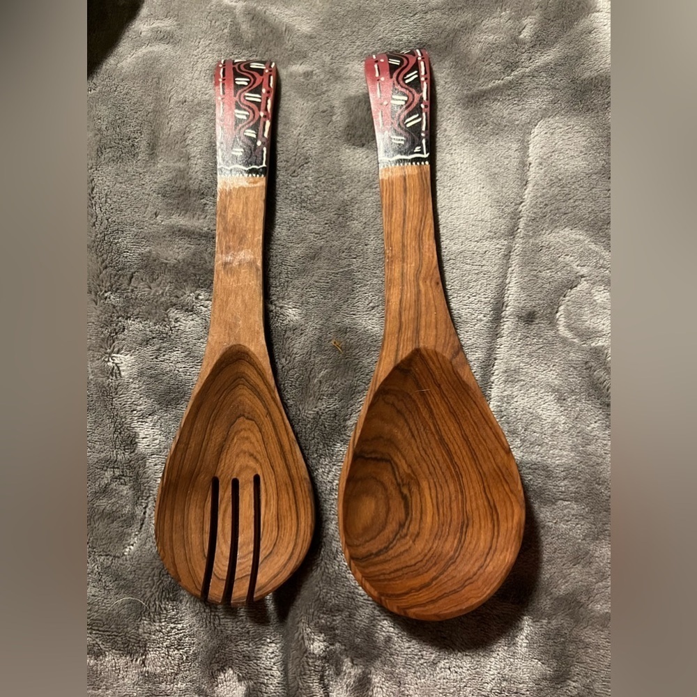 New - hand painted wood wooden salad servers utensils.
